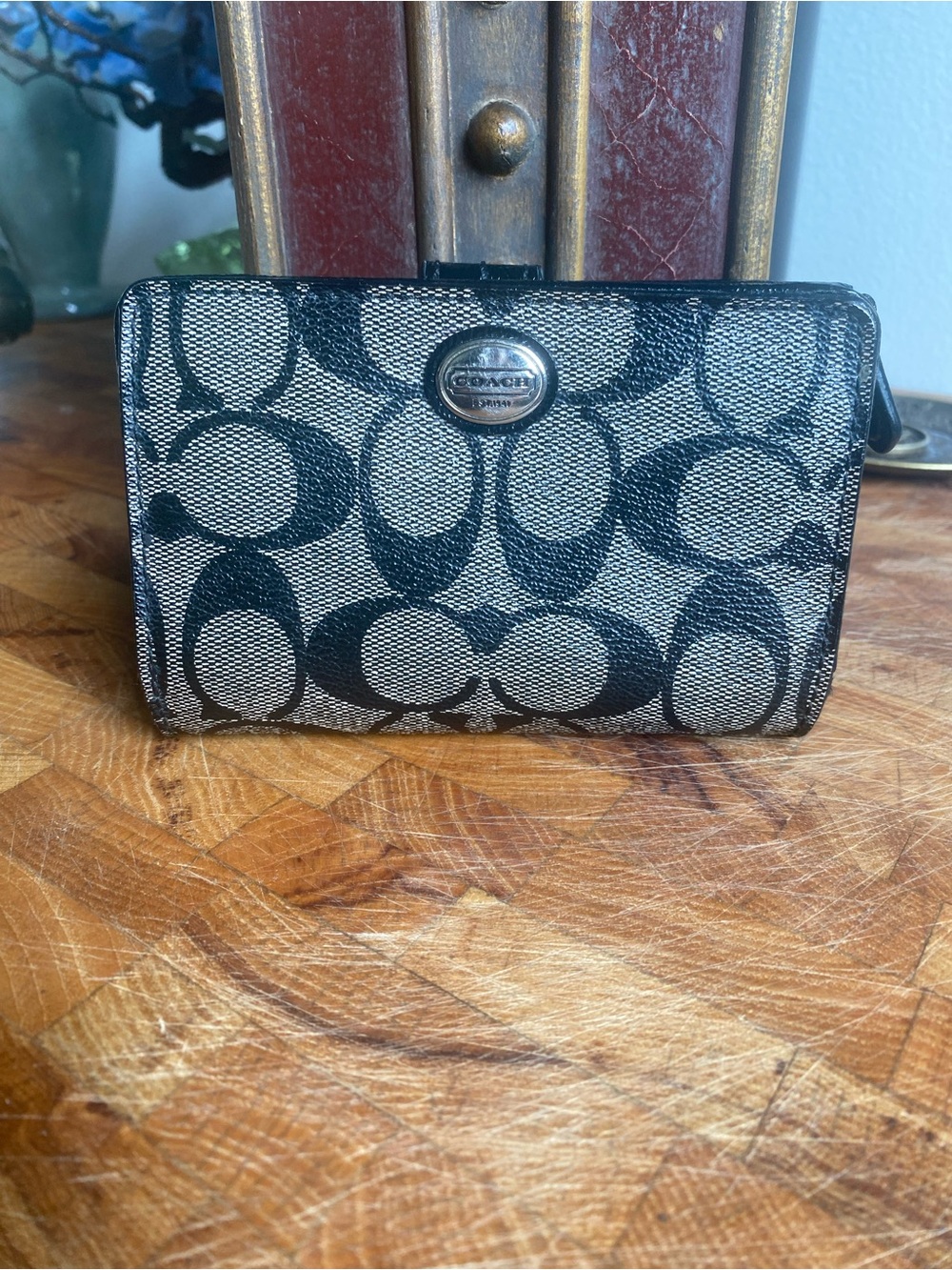 Coach Signature Black and Gray Compact Wallet